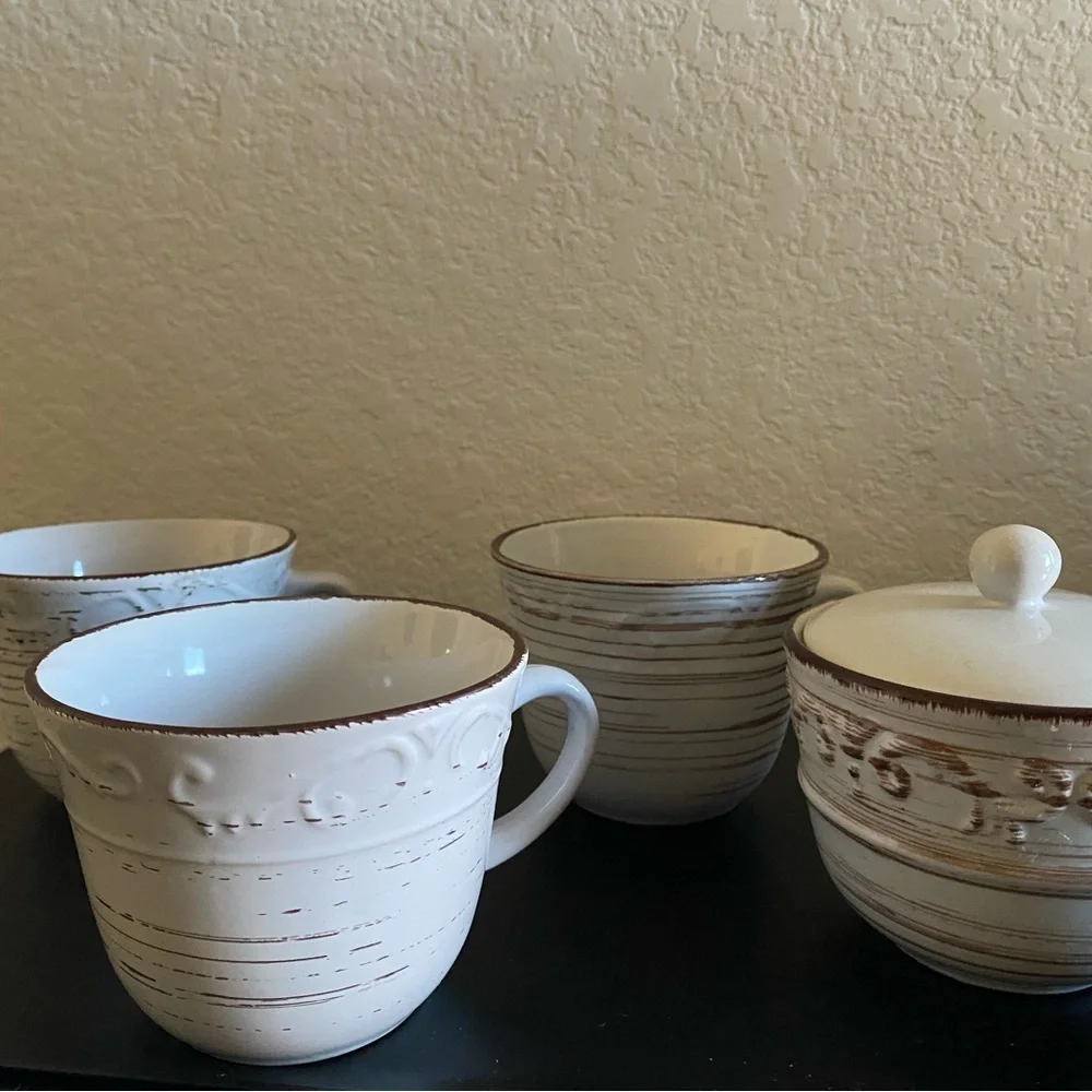 Pfaltzgraff 4 Piece Rustic Trellis White Stoneware 3 Mug and Sugar Bowl Set